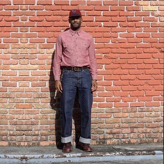 Men's Burgundy Print Baseball Cap, Dark Brown Leather Casual Boots, Navy Jeans, Pink Chambray Long Sleeve Shirt