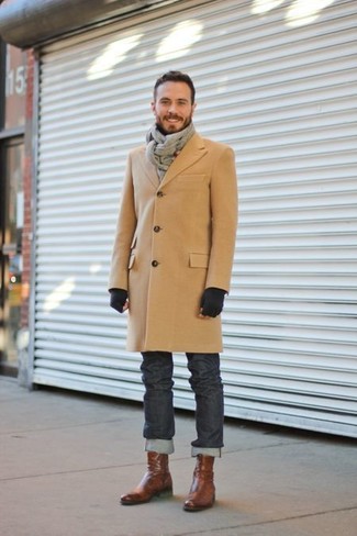 Men's Grey Scarf, Brown Leather Casual Boots, Charcoal Jeans, Camel Overcoat