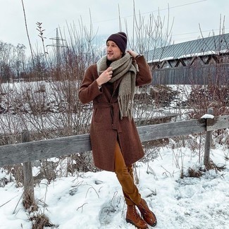 Men's Violet Beanie, Tobacco Leather Casual Boots, Tobacco Jeans, Brown Check Overcoat