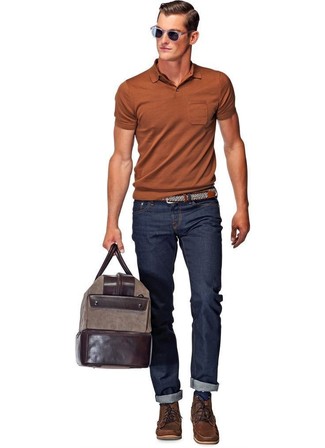 Men's Dark Brown Leather Duffle Bag, Dark Brown Leather Casual Boots, Navy Jeans, Tobacco Polo
