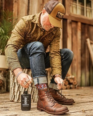 Men's Tan Print Baseball Cap, Brown Leather Casual Boots, Charcoal Jeans, Brown Wool Shirt Jacket