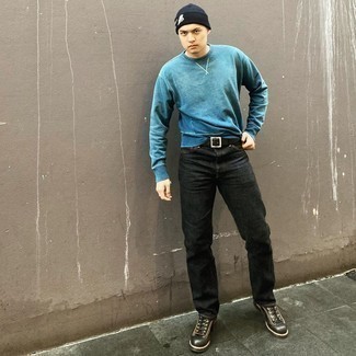 Men's Black and White Print Beanie, Black Leather Casual Boots, Black Jeans, Teal Sweatshirt