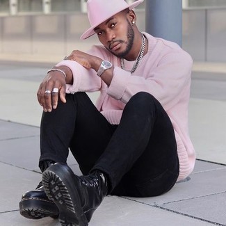 Men's Pink Wool Hat, Black Leather Casual Boots, Navy Skinny Jeans, Pink Crew-neck Sweater