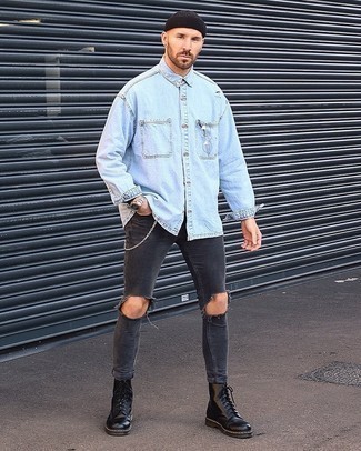Light Blue Denim Shirt with Casual Boots Outfits For Men: 