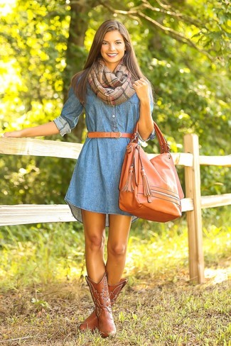 Beige Cotton Scarf Outfits For Women: Go for a blue denim casual dress and a beige cotton scarf for an easy-to-create ensemble. We love how this whole outfit comes together thanks to a pair of tan leather cowboy boots.