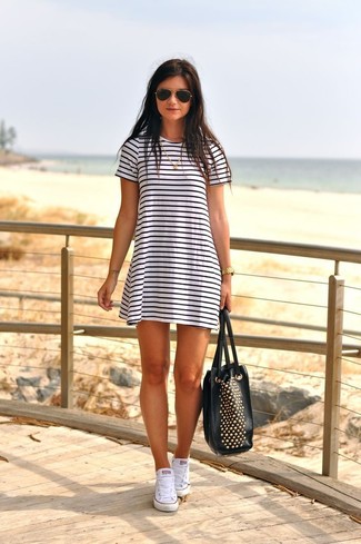 Artelier Black And White Striped Shirred Overlay Sweater Dress