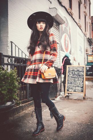Women's Red Plaid Casual Dress, Black Leather Lace-up Flat Boots, Mustard Leather Crossbody Bag, Black Wool Hat