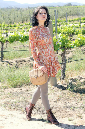 Women's Orange Print Casual Dress, Brown Leather Lace-up Flat Boots, Tan Leather Crossbody Bag, Gold Pendant