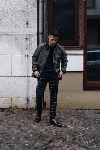 Charcoal Barn Jacket Outfits: For a relaxed outfit, try pairing a charcoal barn jacket with navy check chinos — these two pieces go pretty good together. Introduce dark purple leather chelsea boots to your ensemble for an added dose of refinement.