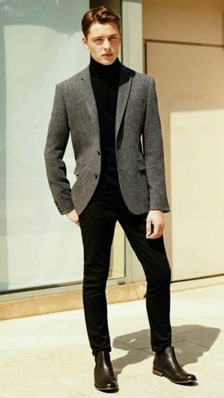 Charcoal Wool Blazer Outfits For Men: Dress in a charcoal wool blazer and black chinos to create a sleek and classy getup. To bring a little depth to this ensemble, add a pair of black leather chelsea boots to the mix.