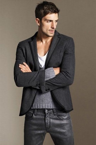 Black Leather Jeans Outfits For Men: Wear a charcoal wool blazer with black leather jeans for a sleek classy ensemble.