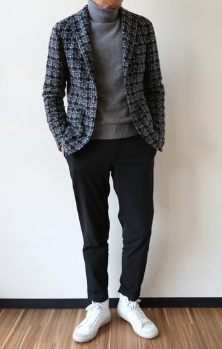 Grey Print Blazer Outfits For Men: If the occasion calls for an effortlessly polished look, you can easily rock a grey print blazer and black chinos. You could perhaps get a bit experimental when it comes to footwear and complete this getup with white leather high top sneakers.