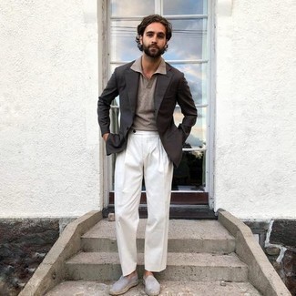Tan Polo Outfits For Men: Marrying a tan polo and white dress pants is a surefire way to infuse your styling rotation with some rugged refinement. Bring a more laid-back touch to by rocking a pair of grey suede espadrilles.