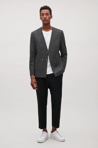 Charcoal Wool Blazer Outfits For Men: Dress in a charcoal wool blazer and black chinos to feel confident and look smart. If you don't want to go all out formal, throw in a pair of white canvas low top sneakers.