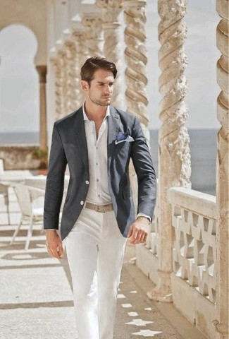 Men's Charcoal Blazer, White Dress Shirt, White Chinos, Beige Leather Belt