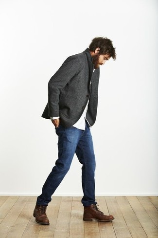 Men's Charcoal Wool Blazer, White Long Sleeve Shirt, Navy Skinny Jeans, Dark Brown Leather Casual Boots