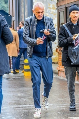 Grey Bomber Jacket Outfits For Men: Marry a grey bomber jacket with blue chinos to achieve a casually cool getup. And if you need to effortlessly dial down this getup with footwear, why not add white and red canvas high top sneakers to the equation?