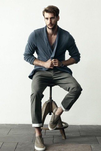 Men's Charcoal Cardigan, Charcoal V-neck T-shirt, Charcoal Chinos, Olive Leather Slip-on Sneakers