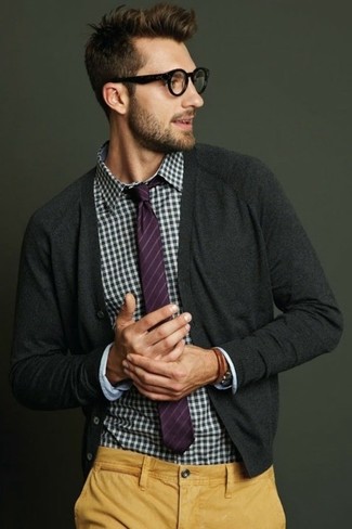 Men's Charcoal Cardigan, White and Navy Gingham Long Sleeve Shirt, Tobacco Chinos, Purple Horizontal Striped Tie
