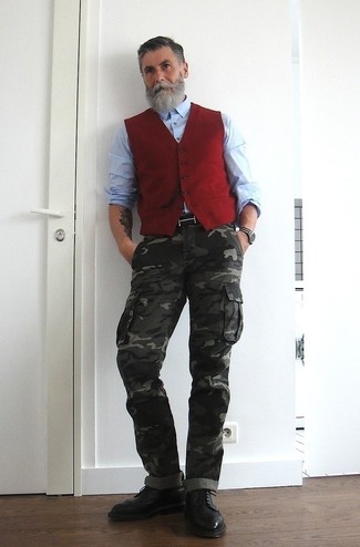 Men's Black Leather Brogue Boots, Charcoal Camouflage Cargo Pants, Light Blue Long Sleeve Shirt, Red Waistcoat