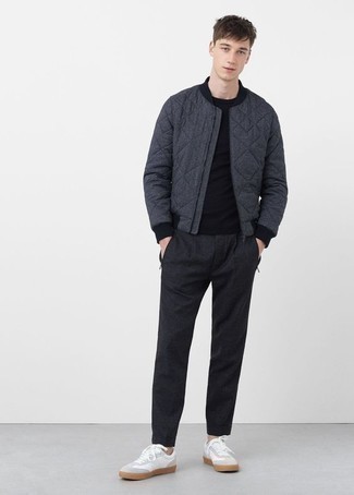 Charcoal Quilted Wool Bomber Jacket Outfits For Men: 
