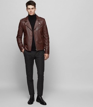 Men's Black Leather Chelsea Boots, Charcoal Wool Chinos, Black Turtleneck, Dark Brown Leather Biker Jacket