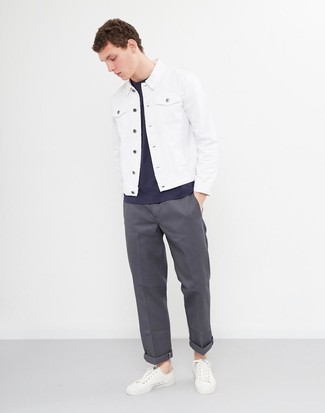 Men's White Leather Low Top Sneakers, Charcoal Chinos, Navy Crew-neck T-shirt, White Denim Jacket
