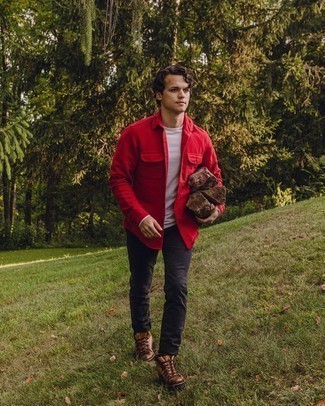 Red Flannel Long Sleeve Shirt Outfits For Men: 