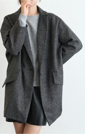 Women's Charcoal Coat, Grey Crew-neck Sweater, Black Leather Shorts