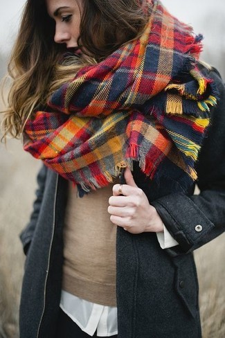 Multi colored Plaid Scarf Outfits For Women: A charcoal coat looks so nice when worn with a multi colored plaid scarf in a laid-back ensemble.