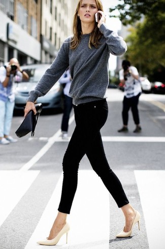 Women's Charcoal Crew-neck Sweater, Black Skinny Jeans, Beige Leather Pumps, Black Leather Clutch