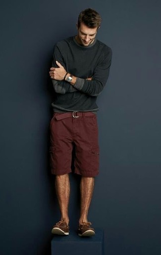 Men's Charcoal Crew-neck Sweater, Burgundy Shorts, Brown Leather Boat Shoes, Burgundy Canvas Belt