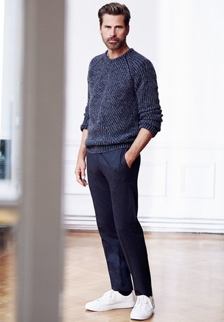 Men's Charcoal Crew-neck Sweater, Charcoal Wool Dress Pants, White Low Top Sneakers