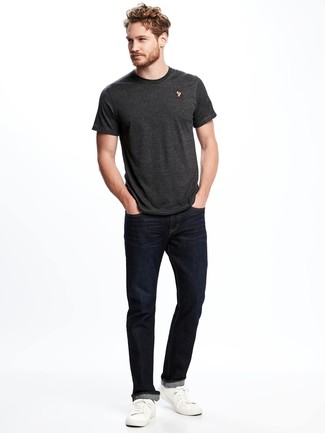 Men's Charcoal Crew-neck T-shirt, Navy Jeans, White Leather Low Top Sneakers