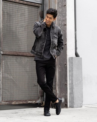 Charcoal Denim Jacket Outfits For Men: This pairing of a charcoal denim jacket and black chinos is effortless, stylish and very easy to imitate. For times when this outfit is too much, play it down by wearing a pair of black leather low top sneakers.