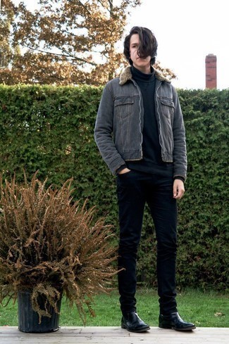 Grey Denim Jacket Outfits For Men: To pull together a casual look with a fashionable spin, opt for a grey denim jacket and navy jeans. A pair of black leather chelsea boots instantly amps up the classy factor of this outfit.