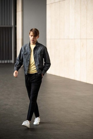 Grey Denim Jacket Outfits For Men: If you love laid-back combinations, then you'll love this combo of a grey denim jacket and black chinos. Hesitant about how to round off? Add a pair of white canvas low top sneakers to the equation for a more laid-back spin.
