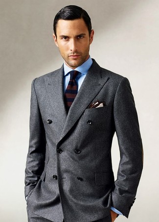 Men's Charcoal Wool Double Breasted Blazer, Light Blue Dress Shirt, Dark Brown Horizontal Striped Wool Tie, Beige Pocket Square