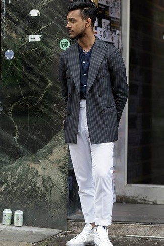 Charcoal Vertical Striped Double Breasted Blazer Outfits For Men: This combination of a charcoal vertical striped double breasted blazer and white chinos might pack a punch, but it's super easy to achieve. White canvas high top sneakers add edginess to an otherwise mostly classic outfit.