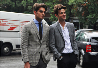 Charcoal Plaid Blazer Outfits For Men: 