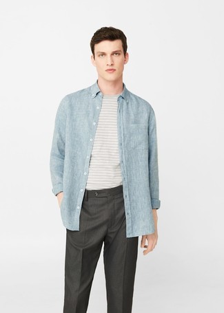 Light Blue Chambray Long Sleeve Shirt Outfits For Men: 
