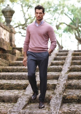 Pink V-neck Sweater Outfits For Men: 