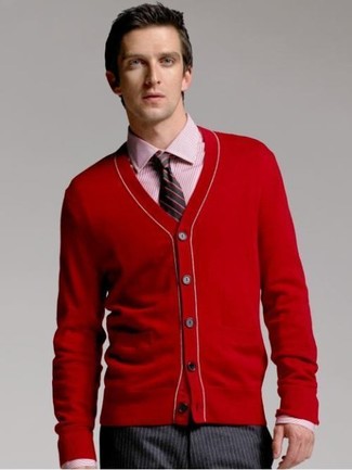 Red Vertical Striped Dress Shirt Outfits For Men: 
