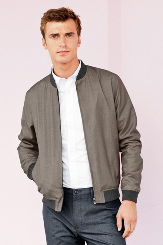 Charcoal Bomber Jacket Outfits For Men: 