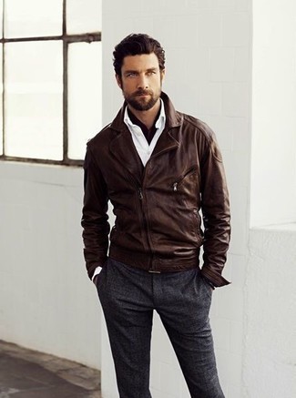 Men's Dark Brown Cotton Scarf, Charcoal Wool Dress Pants, White Long Sleeve Shirt, Dark Brown Leather Biker Jacket