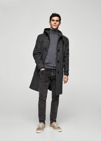 Men's Charcoal Duffle Coat, Grey Turtleneck, Black Jeans, Tan Suede Low Top Sneakers
