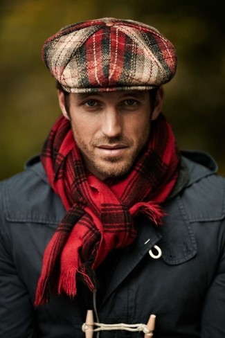 Red Flat Cap Outfits For Men: You're looking at the solid proof that a charcoal duffle coat and a red flat cap look amazing when you team them together in a relaxed casual ensemble.