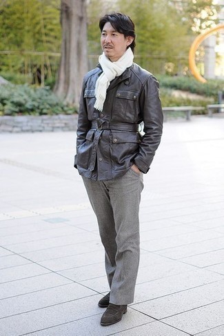 White Scarf Outfits For Men: Go for a pared down yet laid-back and cool ensemble marrying a charcoal field jacket and a white scarf. If you need to instantly perk up your look with one single piece, why not add a pair of dark brown suede loafers to this look?