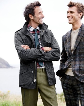 Men's Charcoal Field Jacket, White and Red Plaid Long Sleeve Shirt, Olive Wool Dress Pants, Teal Tie