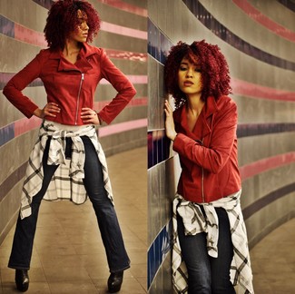 Red Biker Jacket Outfits For Women: 